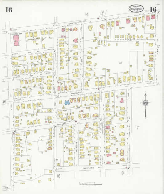 Sanborn Fire Insurance Map from Gadsden, Etowah County, Alabama (1930), Sheet #0016 - Historic Sanborn Fire Insurance Map Print, vintage old map wall art, antique decor, genealogy gift, Alabama Alabama map