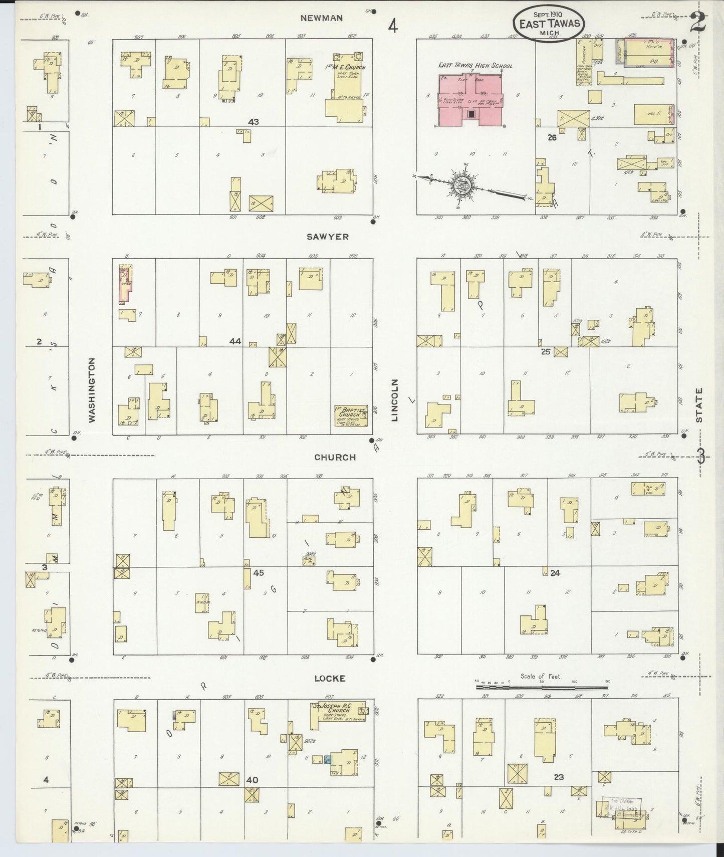 Sanborn Fire Insurance Map from East Tawas, Iosco County, Michigan (1910), Sheet #0002 - Historic Sanborn Fire Insurance Map Print, vintage old map wall art, antique decor, genealogy gift, Michigan Michigan map