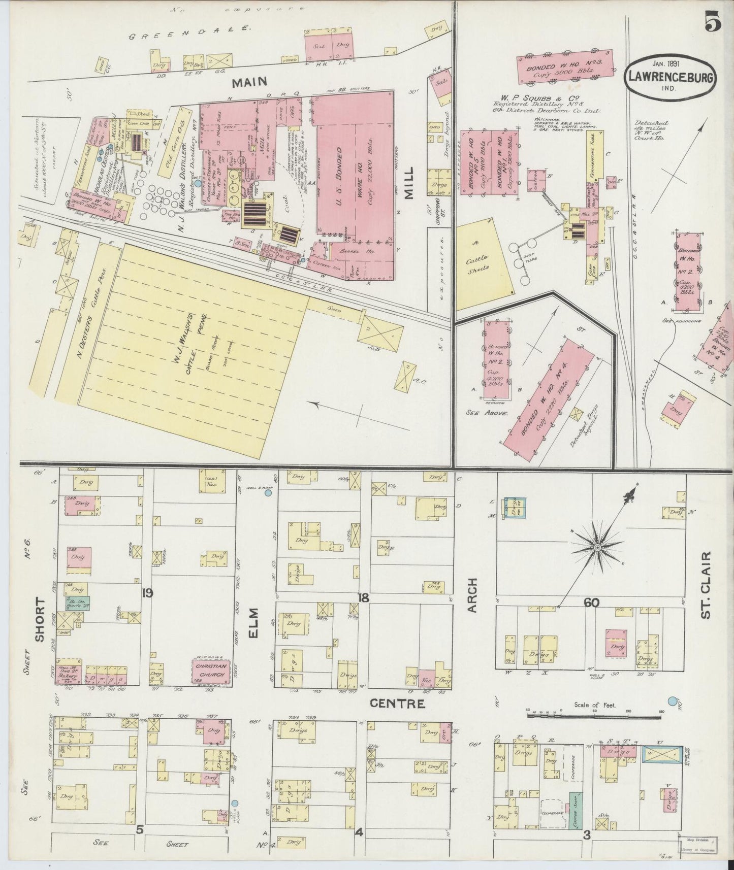 Sanborn Fire Insurance Map from Lawrenceburg, Dearborn County, Indiana (1891), Sheet #0005 - Historic Sanborn Fire Insurance Map Print, vintage old map wall art, antique decor, genealogy gift, Indiana Indiana map