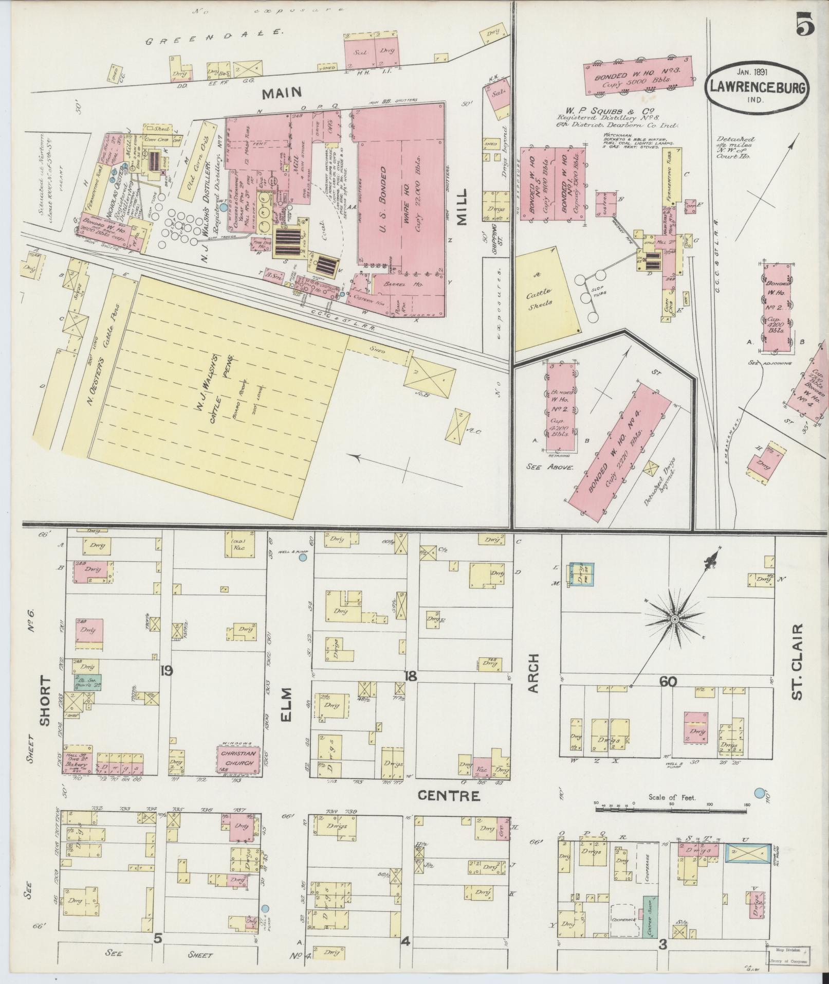 Sanborn Fire Insurance Map from Lawrenceburg, Dearborn County, Indiana (1891), Sheet #0005 - Historic Sanborn Fire Insurance Map Print, vintage old map wall art, antique decor, genealogy gift, Indiana Indiana map