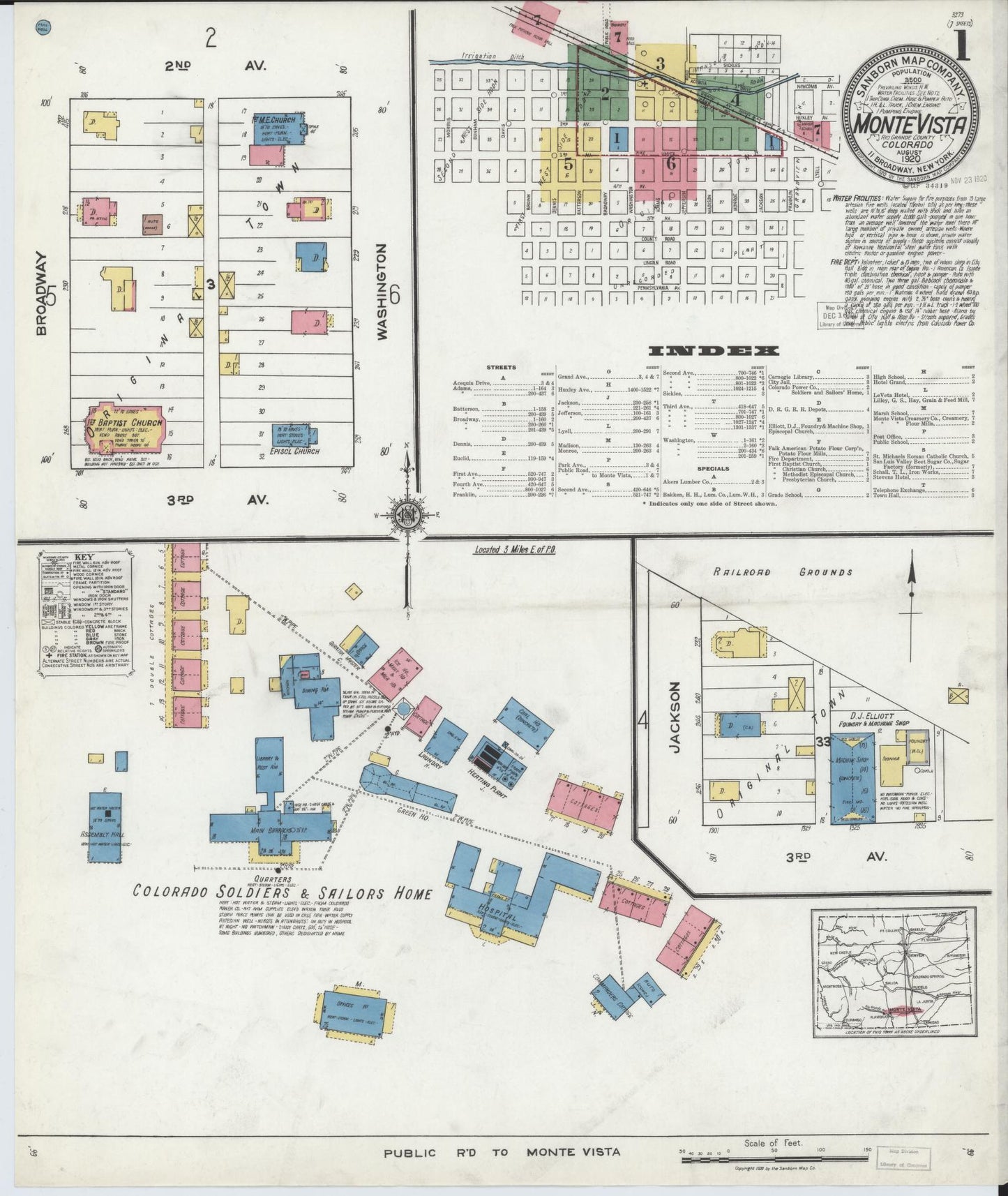Sanborn Fire Insurance Map from Monte Vista, Rio Grande County, Colorado (1920), Sheet #0001 - Historic Sanborn Fire Insurance Map Print, vintage old map wall art, antique decor, genealogy gift, Colorado Colorado map