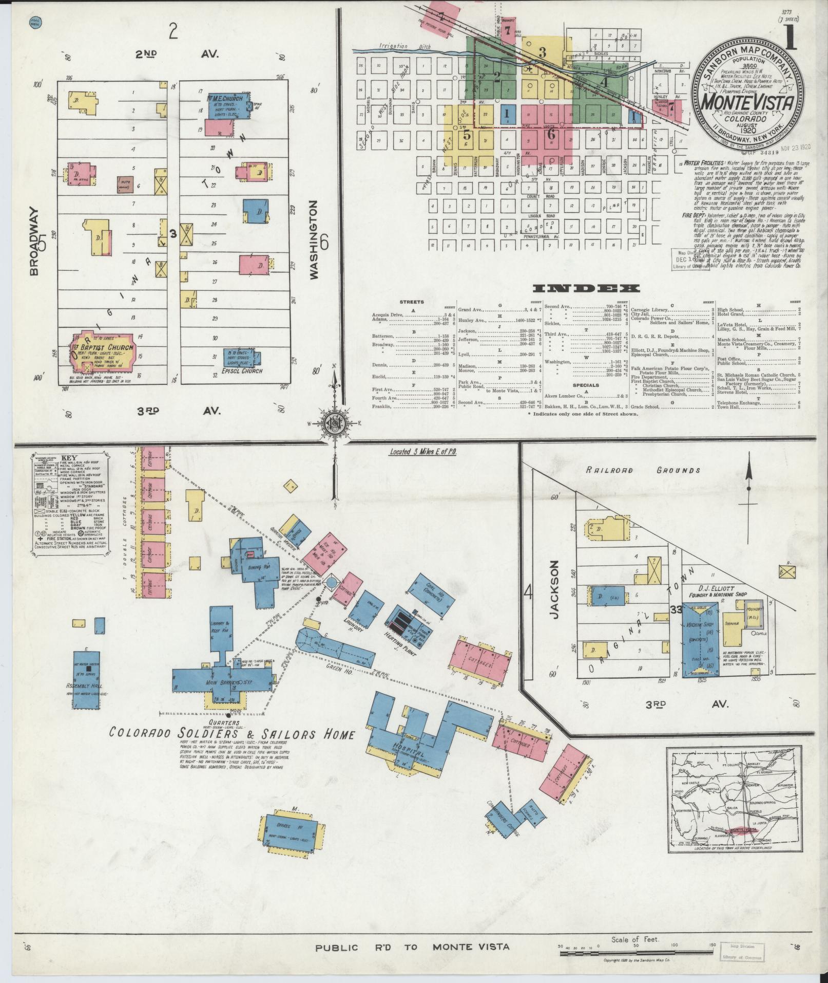 Sanborn Fire Insurance Map from Monte Vista, Rio Grande County, Colorado (1920), Sheet #0001 - Historic Sanborn Fire Insurance Map Print, vintage old map wall art, antique decor, genealogy gift, Colorado Colorado map