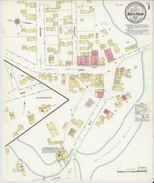 Sanborn Fire Insurance Map from North Anson, Somerset County, Maine (1911), Sheet #0001 - Historic Sanborn Fire Insurance Map Print, vintage old map wall art, antique decor, genealogy gift, Maine Maine map