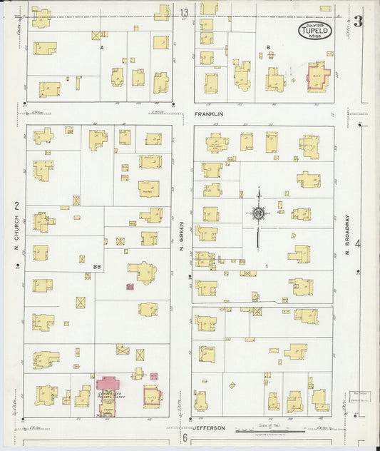 Sanborn Fire Insurance Map from Tupelo, Lee County, Mississippi (1919), Sheet #0003 - Historic Sanborn Fire Insurance Map Print, vintage old map wall art, antique decor, genealogy gift, Mississippi Mississippi map