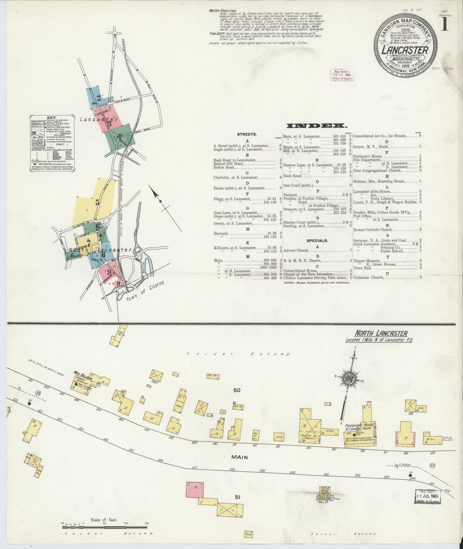 Sanborn Fire Insurance Map from Lancaster, Worcester County, Massachusetts (1910), Sheet #0001 - Complete Map Set gallery image, historic Sanborn map, vintage wall art, Massachusetts Massachusetts