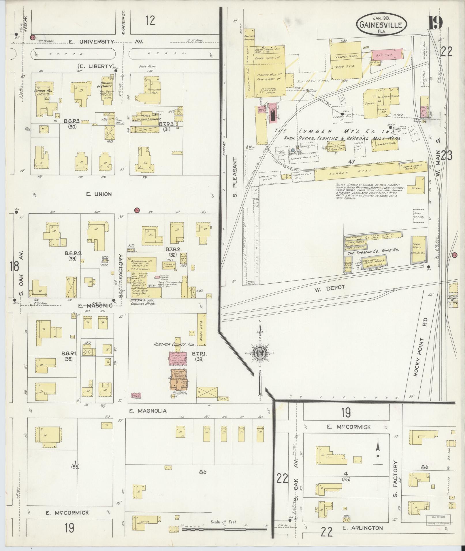 Sanborn Fire Insurance Map from Gainesville, Alachua County, Florida (1913), Sheet #0019 - Complete Map Set gallery image, historic Sanborn map, vintage wall art, Florida Florida