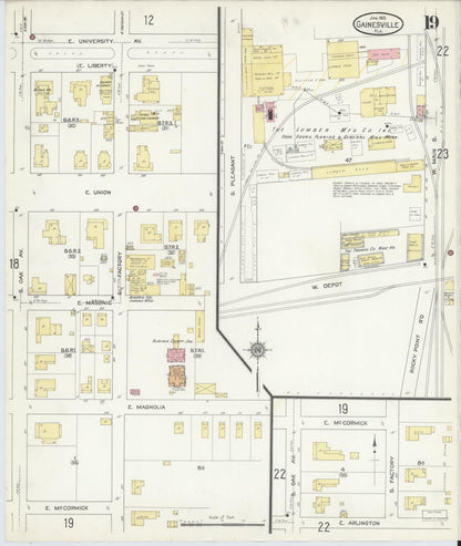Sanborn Fire Insurance Map from Gainesville, Alachua County, Florida (1913), Sheet #0019 - Complete Map Set gallery image, historic Sanborn map, vintage wall art, Florida Florida