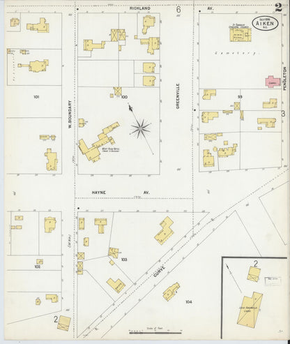 Sanborn Fire Insurance Map from Aiken, Aiken County, South Carolina (1899), Sheet #0002 - Complete Map Set gallery image, historic Sanborn map, vintage wall art, South Carolina South Carolina