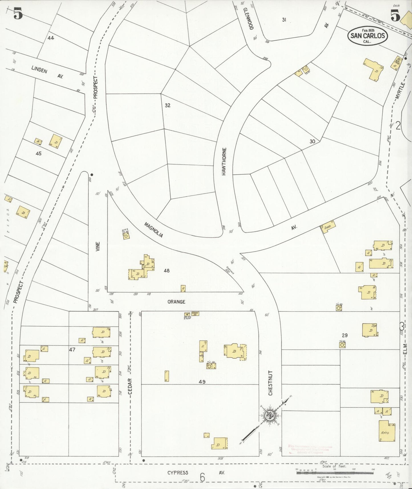 Sanborn Fire Insurance Map from San Carlos, San Mateo County, California (1926), Sheet #0005 - Complete Map Set gallery image, historic Sanborn map, vintage wall art, California California