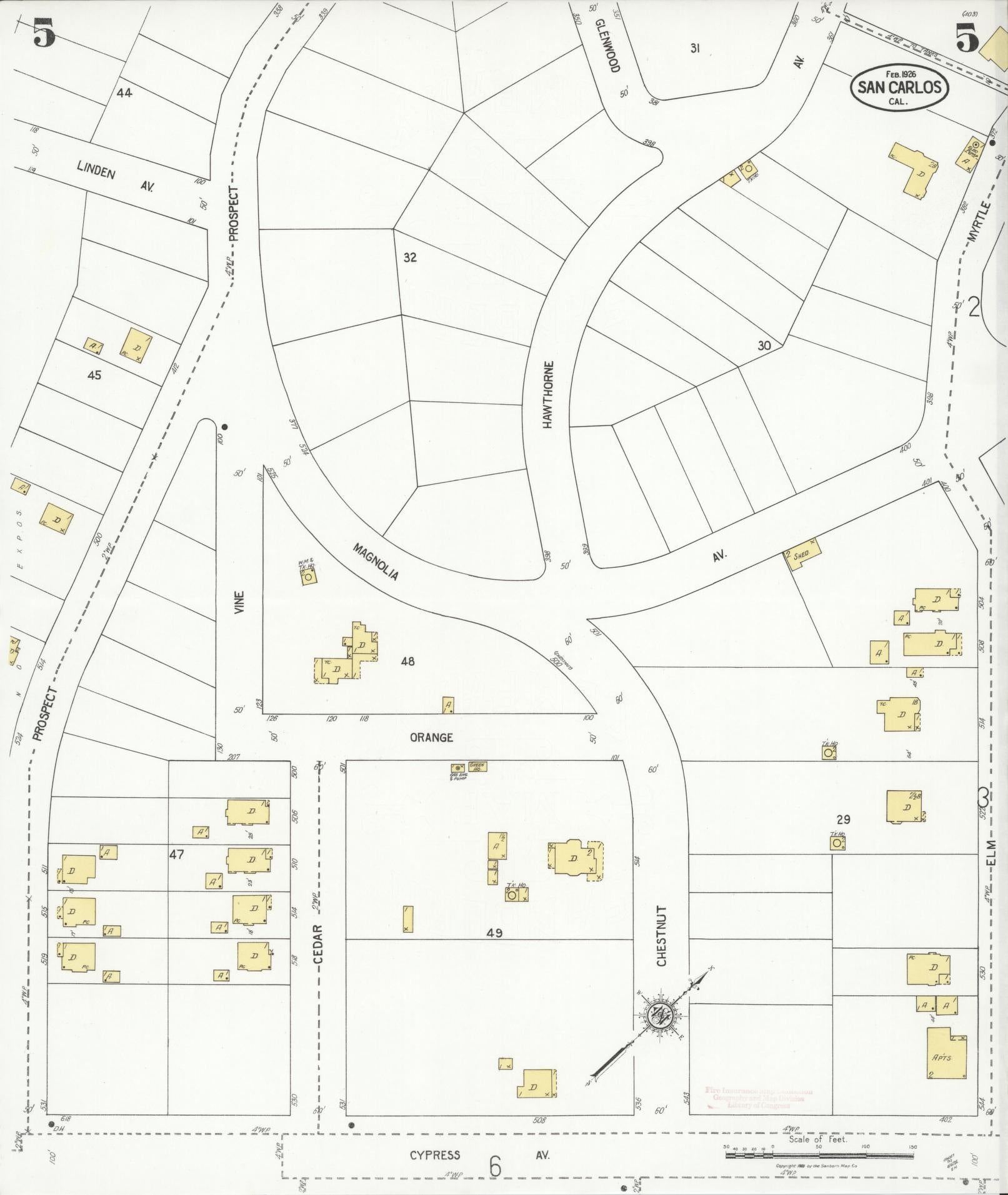Sanborn Fire Insurance Map from San Carlos, San Mateo County, California (1926), Sheet #0005 - Complete Map Set gallery image, historic Sanborn map, vintage wall art, California California