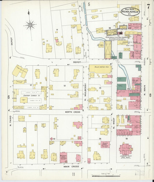 Sanborn Fire Insurance Map from Nicholasville, Jessamine County, Kentucky (1909), Sheet #0007 - Historic Sanborn Fire Insurance Map Print, vintage old map wall art, antique decor, genealogy gift, Kentucky Kentucky map