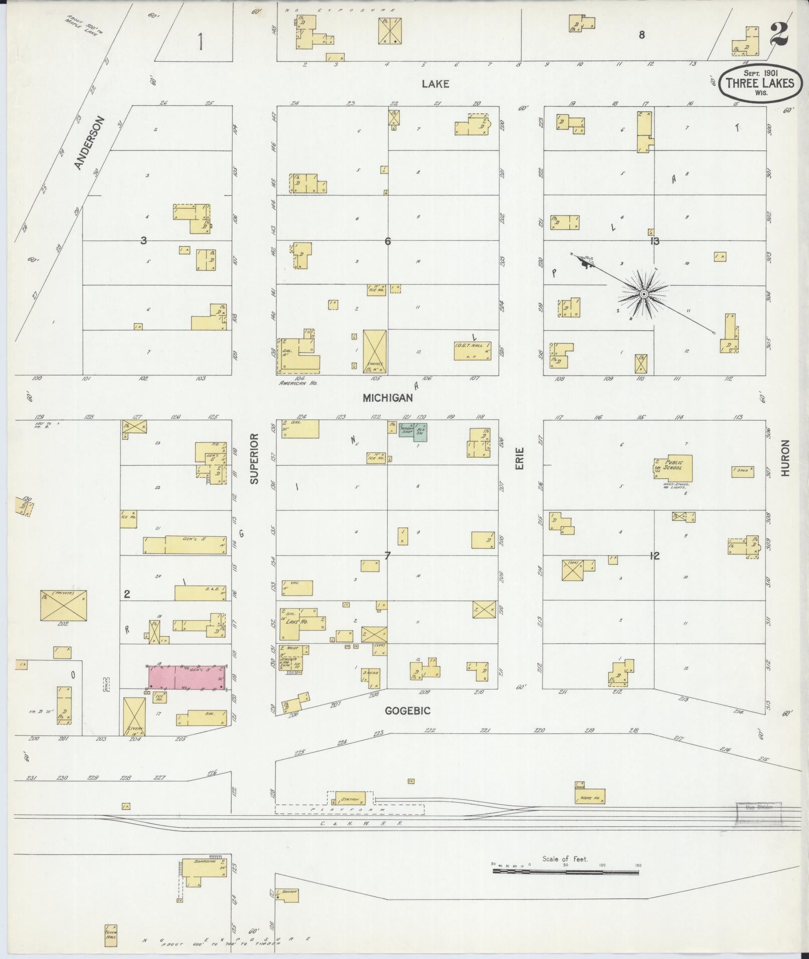 Sanborn Fire Insurance Map from Three Lakes, Oneida County, Wisconsin (1901), Sheet #0002 - Complete Map Set gallery image, historic Sanborn map, vintage wall art, Wisconsin Wisconsin