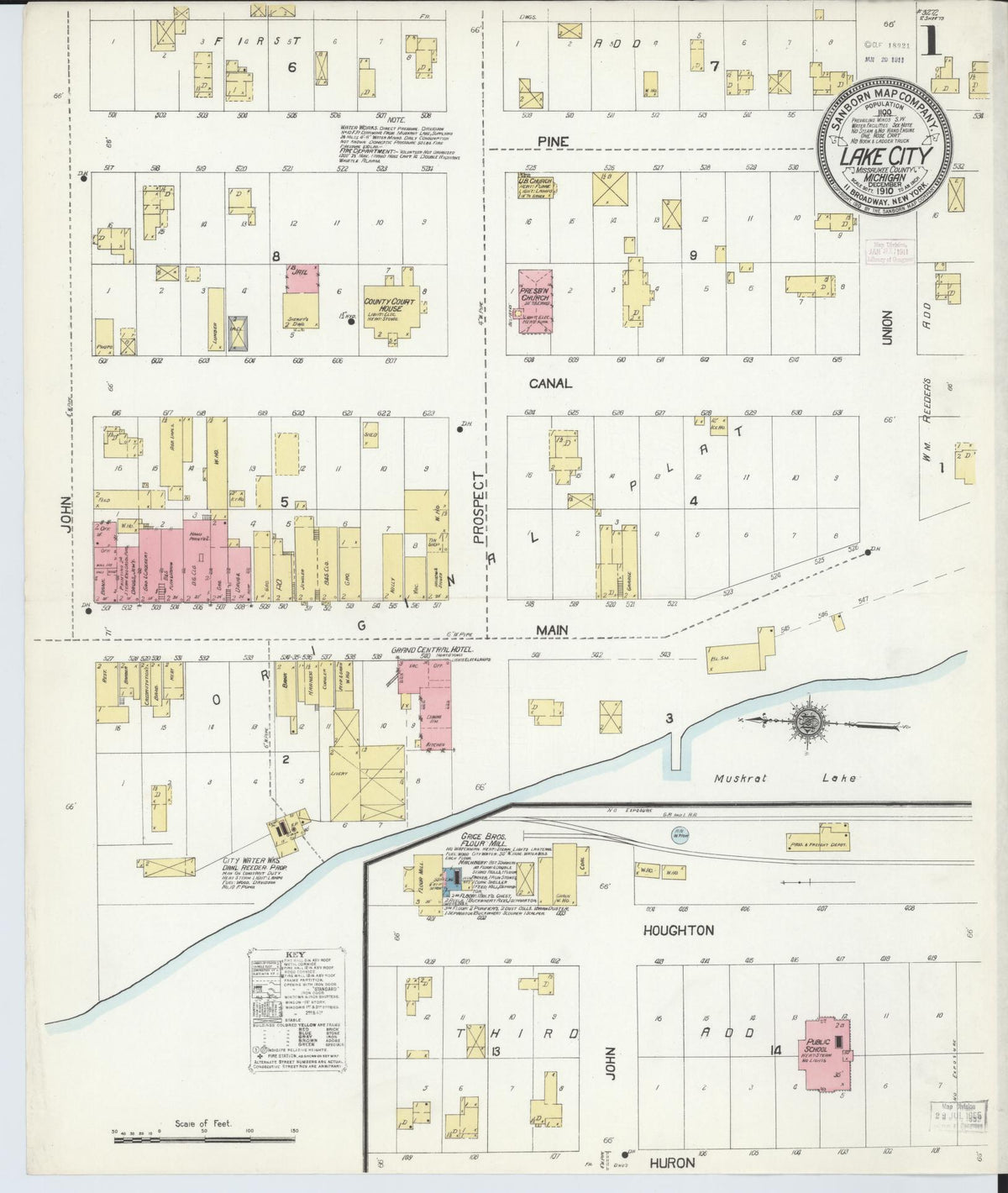 Sanborn Fire Insurance Map from Lake City, Missaukee County, Michigan (1910), Sheet #0001 - Historic Sanborn Fire Insurance Map Print, vintage old map wall art, antique decor, genealogy gift, Michigan Michigan map