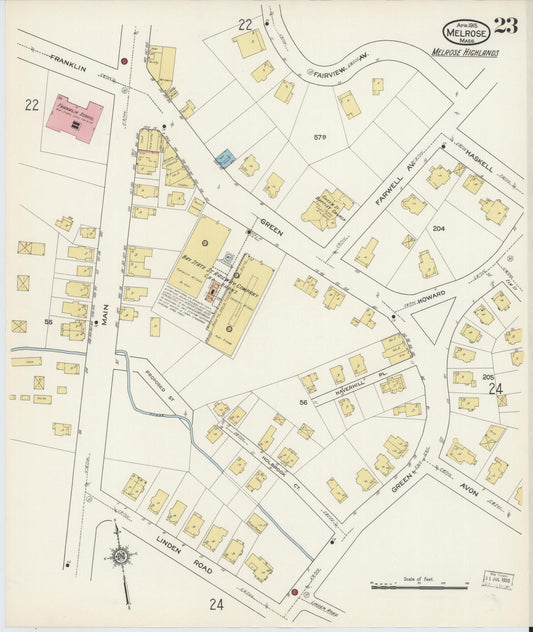 Sanborn Fire Insurance Map from Melrose, Middlesex County, Massachusetts (1915), Sheet #0023 - Historic Sanborn Fire Insurance Map Print, vintage old map wall art, antique decor, genealogy gift, Massachusetts Massachusetts map