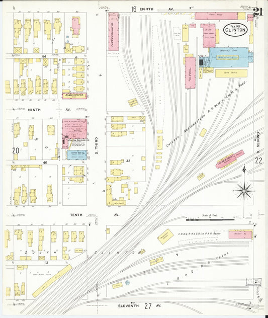 Sanborn Fire Insurance Map from Clinton, Clinton County, Iowa (1909), Sheet #0021 - Historic Sanborn Fire Insurance Map Print, vintage old map wall art