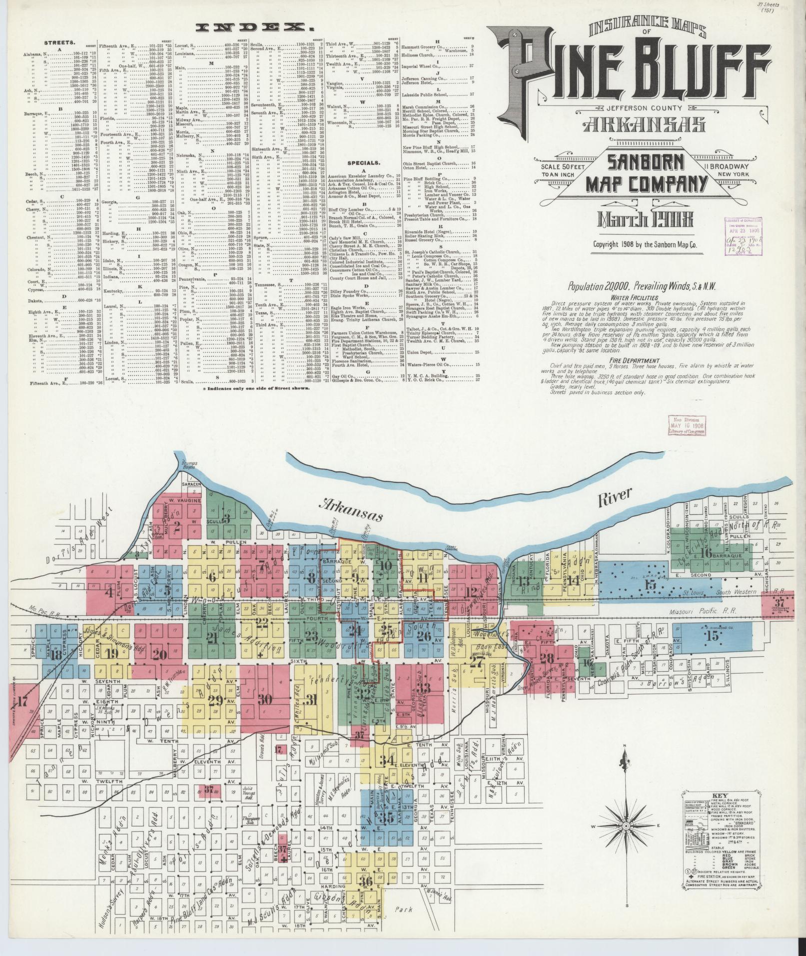 Sanborn Fire Insurance Map from Pine Bluff, Jefferson County, Arkansas (1908), Sheet #0001 - Complete Map Set gallery image, historic Sanborn map, vintage wall art, Arkansas Arkansas
