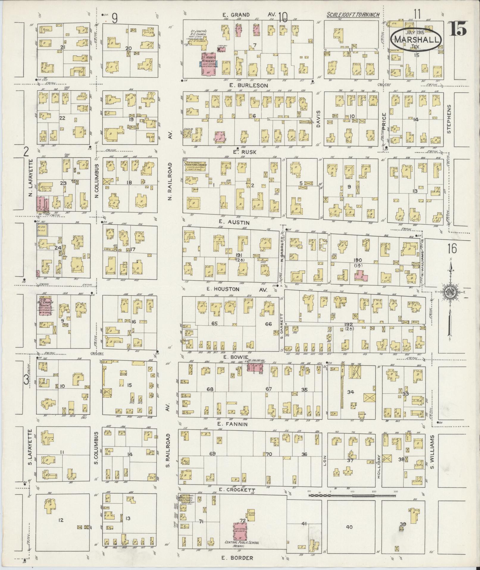 Sanborn Fire Insurance Map from Marshall, Harrison County, Texas (1915), Sheet #0015 - Historic Sanborn Fire Insurance Map Print, vintage old map wall art, antique decor, genealogy gift, Texas Texas map