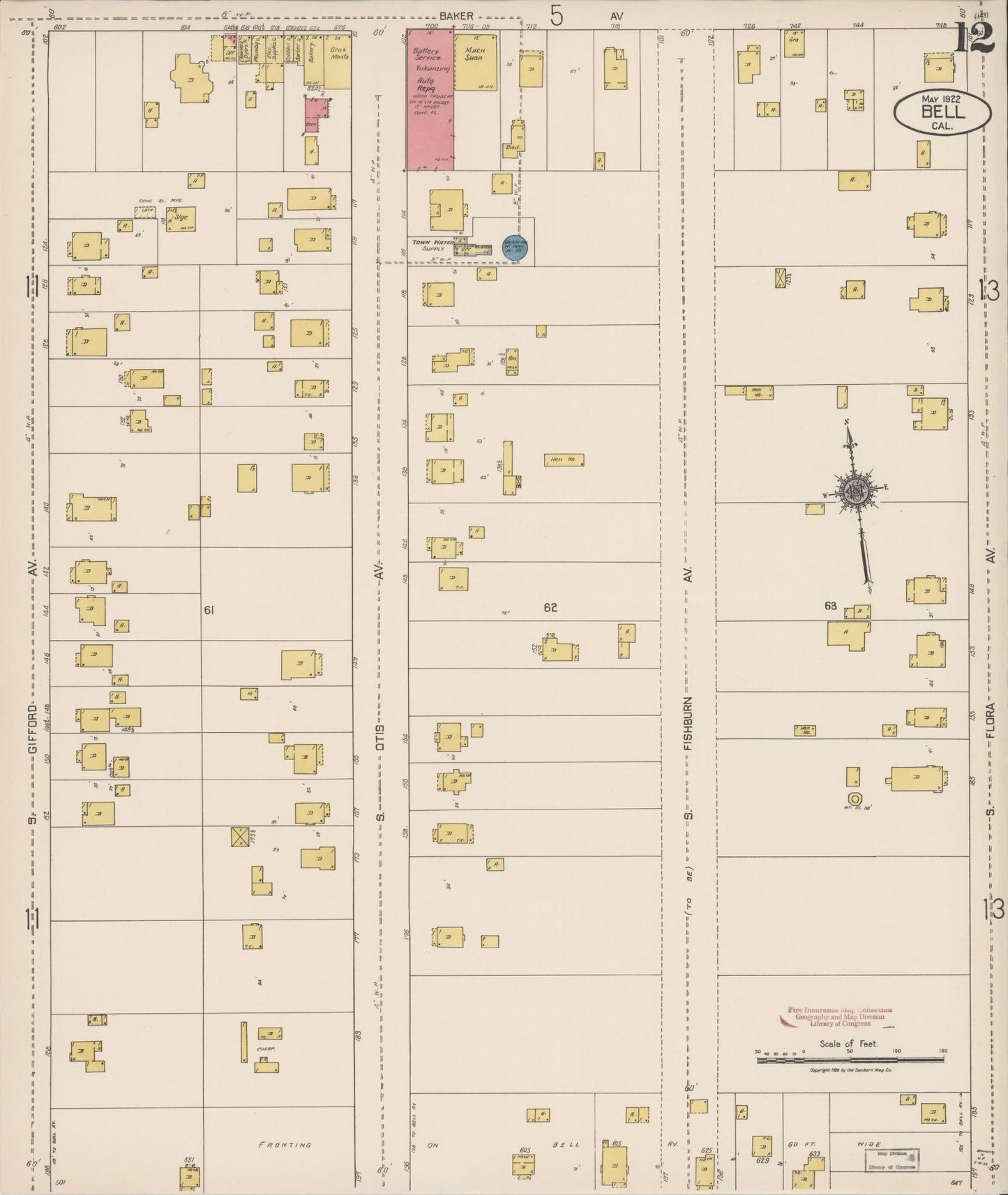Sanborn Fire Insurance Map from Bell, Los Angeles County, California (1922), Sheet #0012 - Historic Sanborn Fire Insurance Map Print, vintage old map wall art, antique decor, genealogy gift, California California map