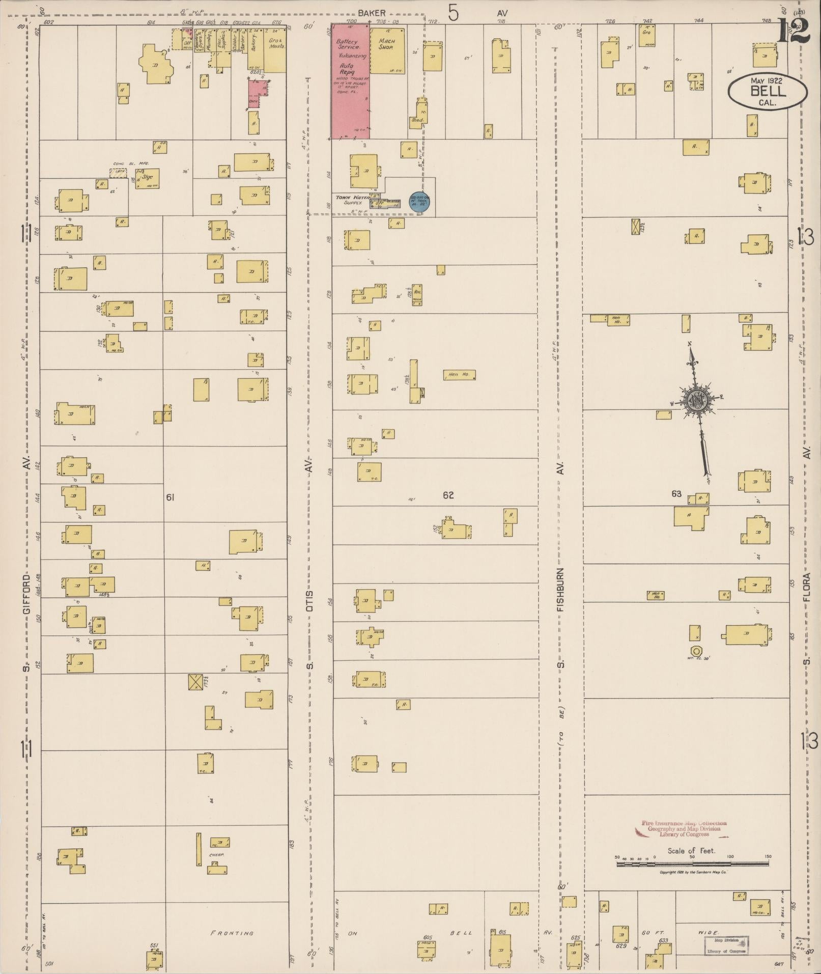 Sanborn Fire Insurance Map from Bell, Los Angeles County, California (1922), Sheet #0012 - Historic Sanborn Fire Insurance Map Print, vintage old map wall art, antique decor, genealogy gift, California California map