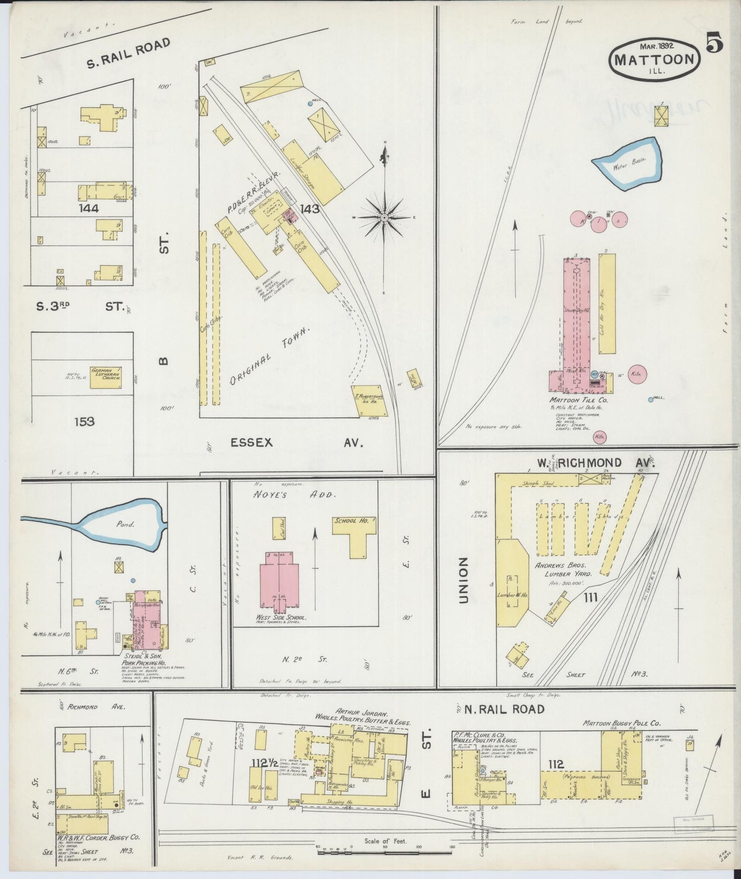 Sanborn Fire Insurance Map from Mattoon, Coles County, Illinois (1892), Sheet #0005 - Historic Sanborn Fire Insurance Map Print, vintage old map wall art, antique decor, genealogy gift, Illinois Illinois map