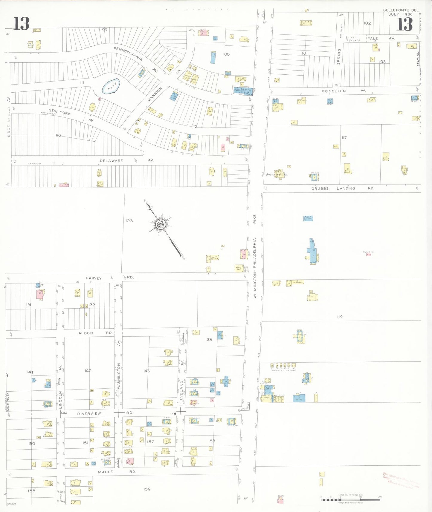 Sanborn Fire Insurance Map from Bellefonte, New Castle County, Delaware (1936), Sheet #0013 - Complete Map Set gallery image, historic Sanborn map, vintage wall art, Delaware Delaware
