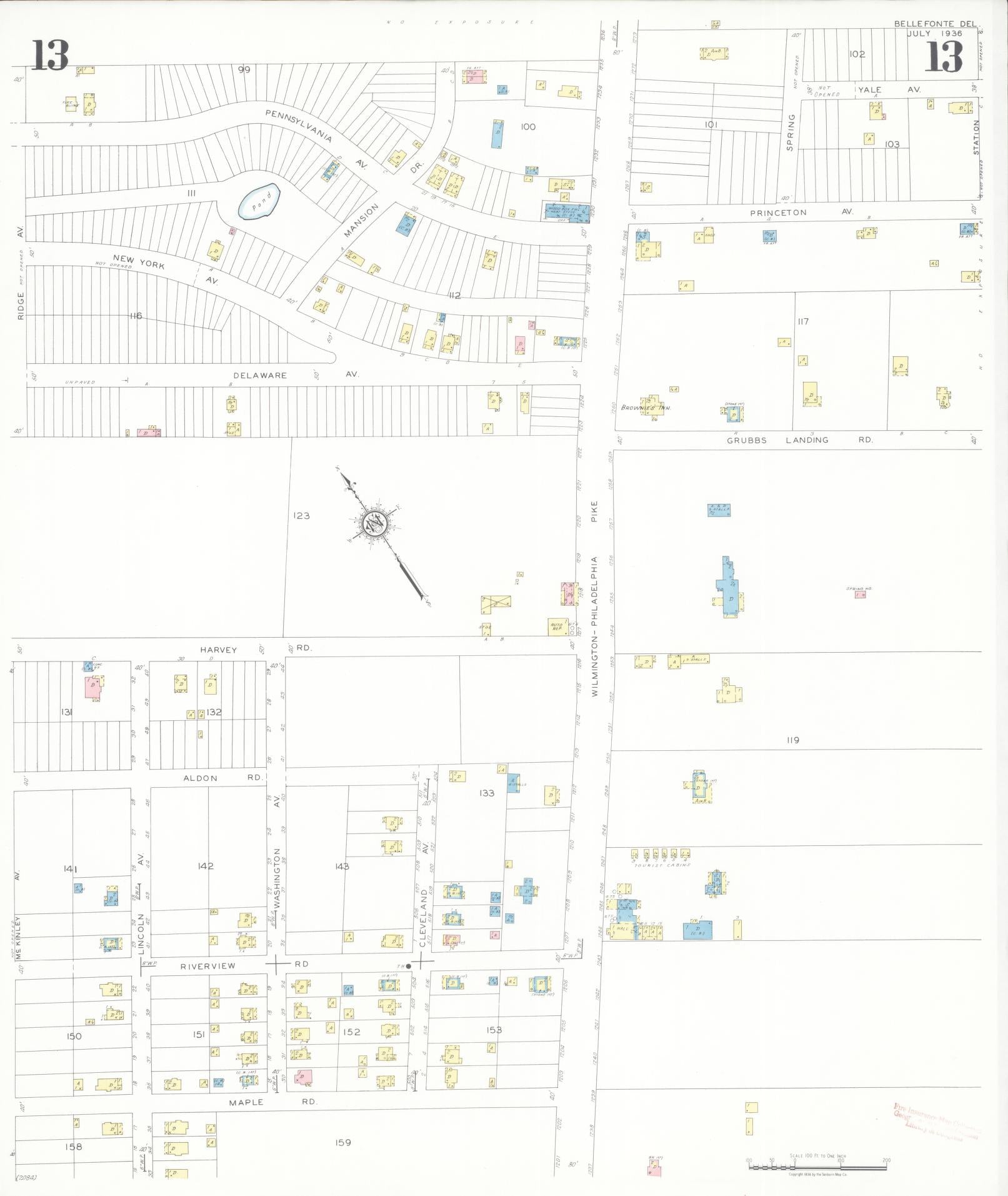Sanborn Fire Insurance Map from Bellefonte, New Castle County, Delaware (1936), Sheet #0013 - Complete Map Set gallery image, historic Sanborn map, vintage wall art, Delaware Delaware
