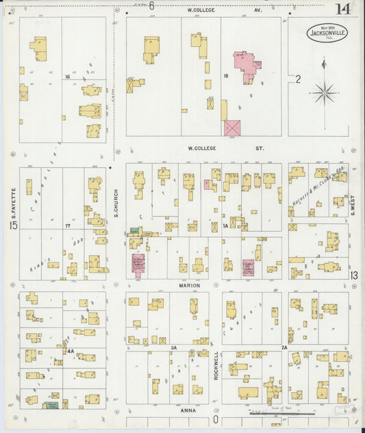 Sanborn Fire Insurance Map from Jacksonville, Morgan County, Illinois (1899), Sheet #0014 - Historic Sanborn Fire Insurance Map Print, vintage old map wall art, antique decor, genealogy gift, Illinois Illinois map