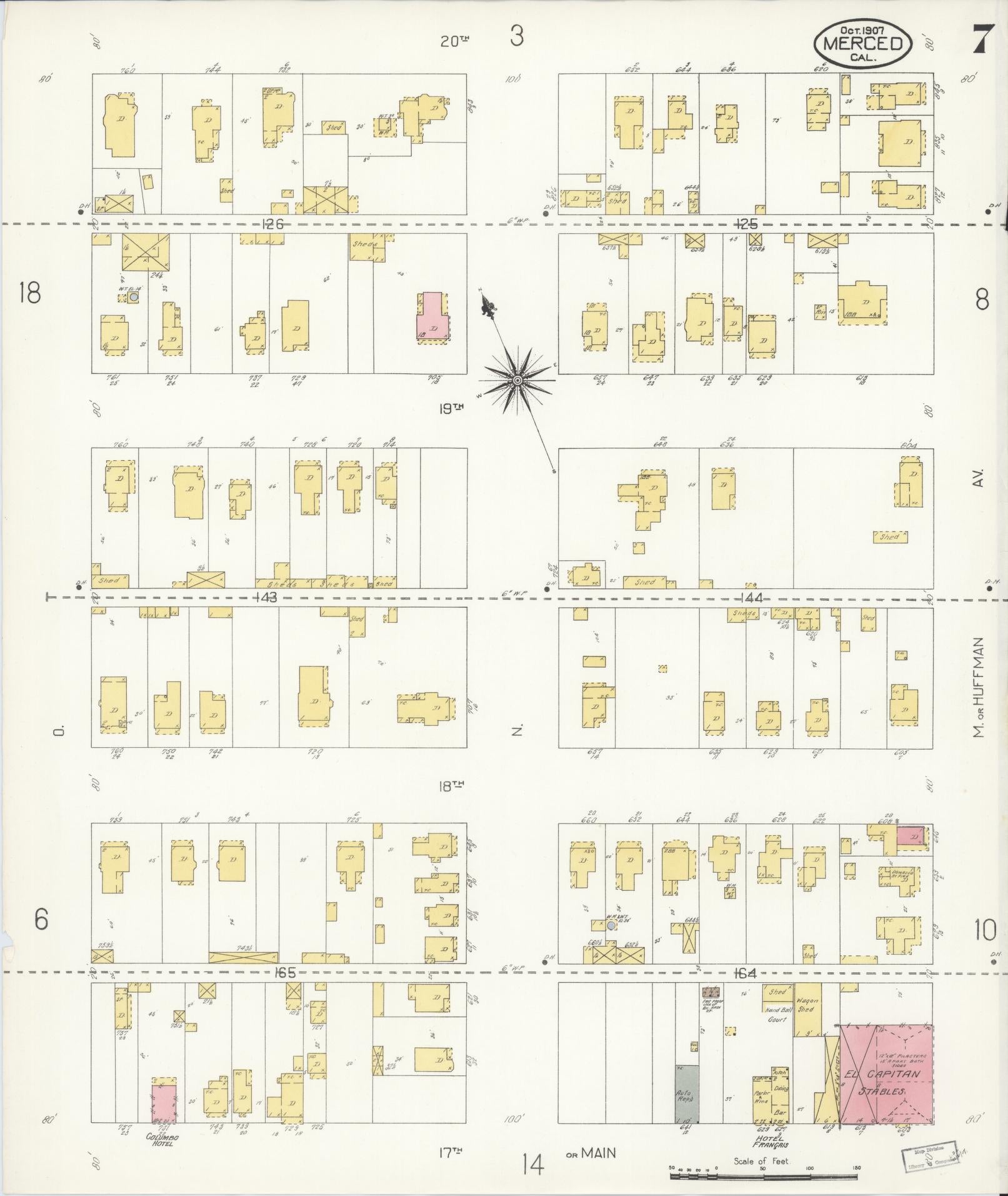 Sanborn Fire Insurance Map from Merced, Merced County, California (1907), Sheet #0007 - Complete Map Set gallery image, historic Sanborn map, vintage wall art, California California