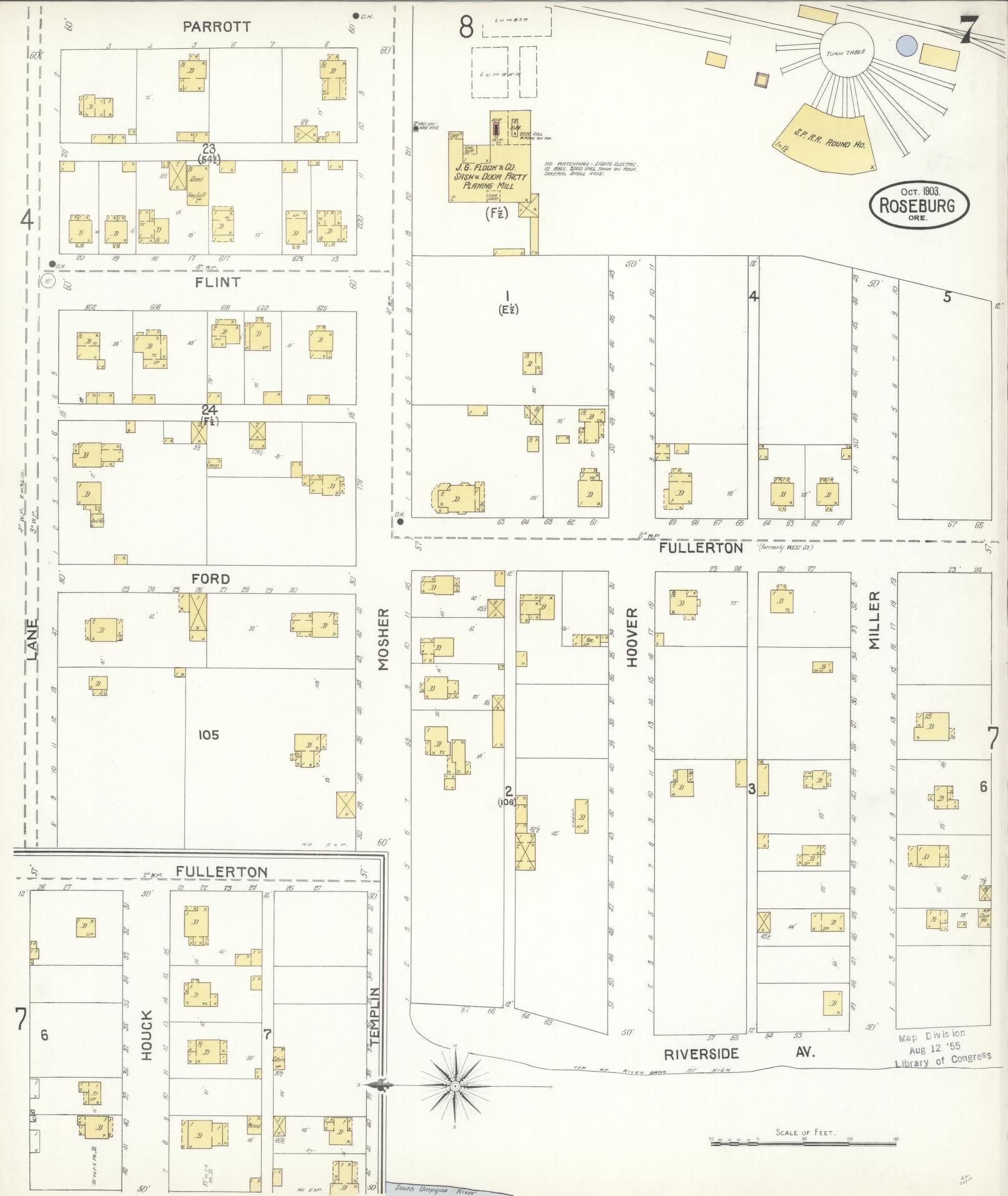Sanborn Fire Insurance Map from Roseburg, Douglas County, Oregon (1903), Sheet #0007 - Historic Sanborn Fire Insurance Map Print, vintage old map wall art, antique decor, genealogy gift, Oregon Oregon map
