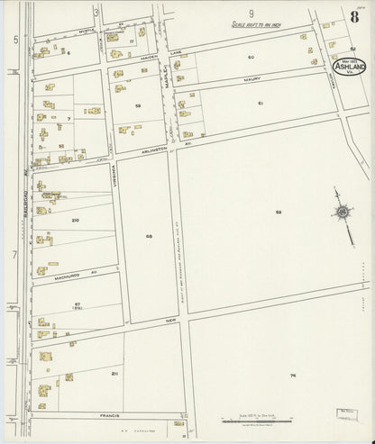 Sanborn Fire Insurance Map from Ashland, Hanover County, Virginia (1921), Sheet #0008 - Complete Map Set gallery image, historic Sanborn map, vintage wall art, Virginia Virginia