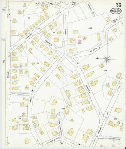 Sanborn Fire Insurance Map from Melrose, Middlesex County, Massachusetts (1909), Sheet #0025 - Historic Sanborn Fire Insurance Map Print, vintage old map wall art, antique decor, genealogy gift, Massachusetts Massachusetts map