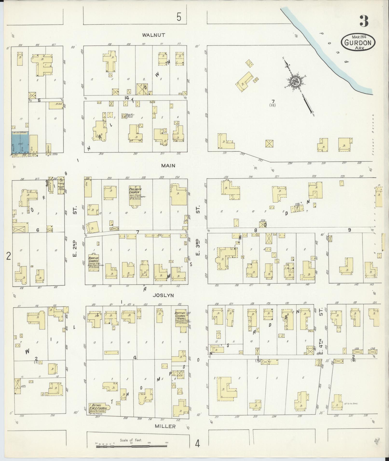 Sanborn Fire Insurance Map from Gurdon, Clark County, Arkansas (1914), Sheet #0003 - Historic Sanborn Fire Insurance Map Print, vintage old map wall art, antique decor, genealogy gift, Arkansas Arkansas map