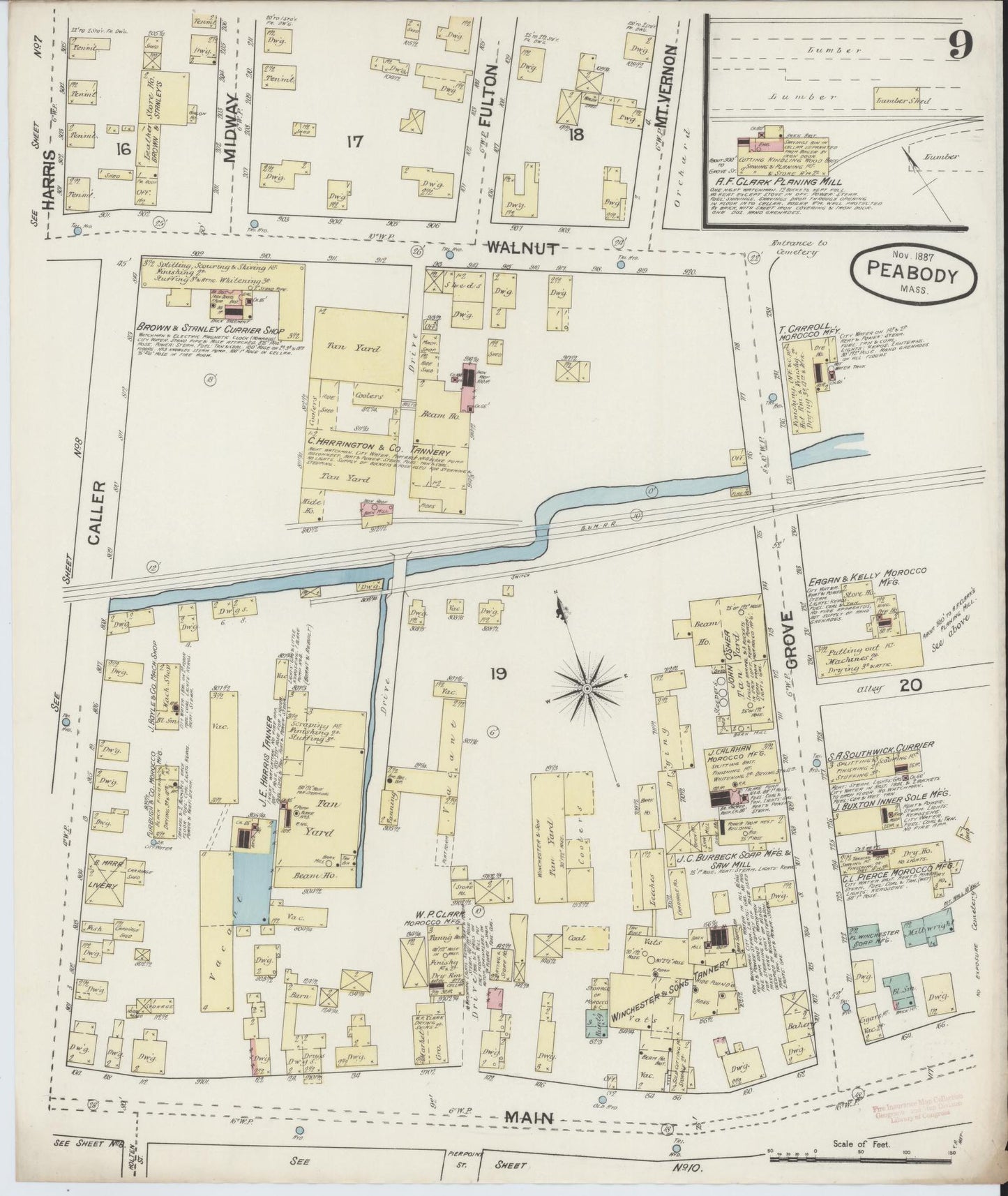 Sanborn Fire Insurance Map from Peabody, Essex County, Massachusetts (1887), Sheet #0009 - Complete Map Set gallery image, historic Sanborn map, vintage wall art, Massachusetts Massachusetts