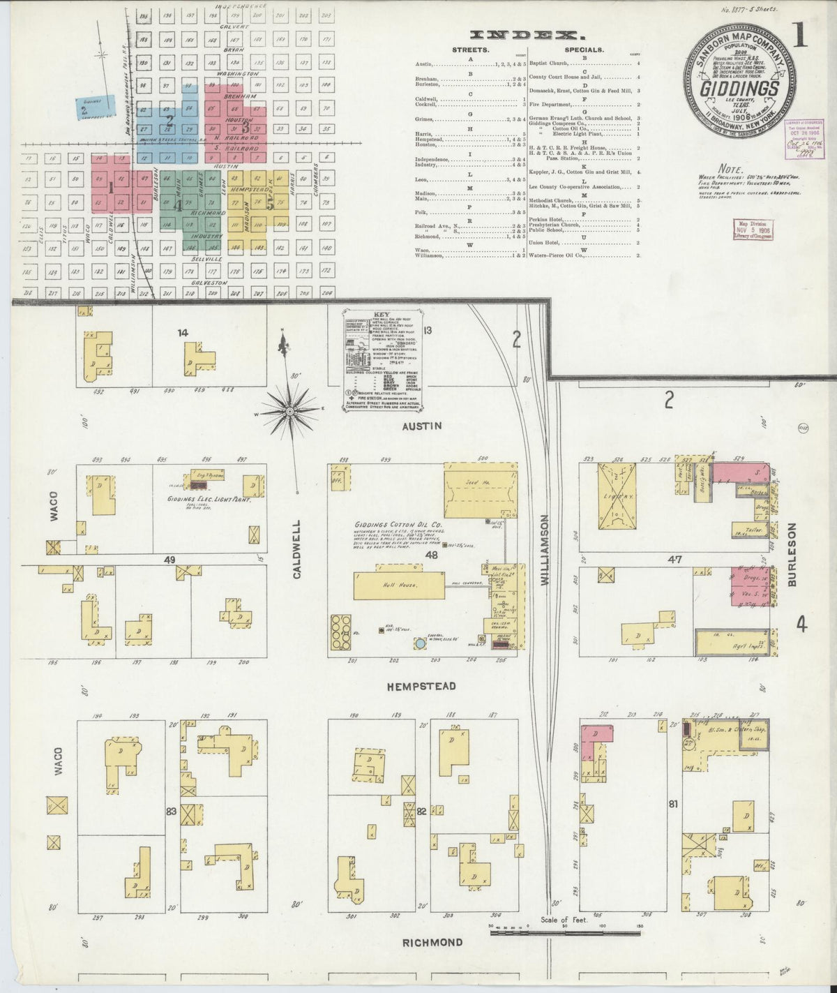 Sanborn Fire Insurance Map from Giddings, Lee County, Texas (1906), Sheet #0001 - Complete Map Set gallery image, historic Sanborn map, vintage wall art, Texas Texas