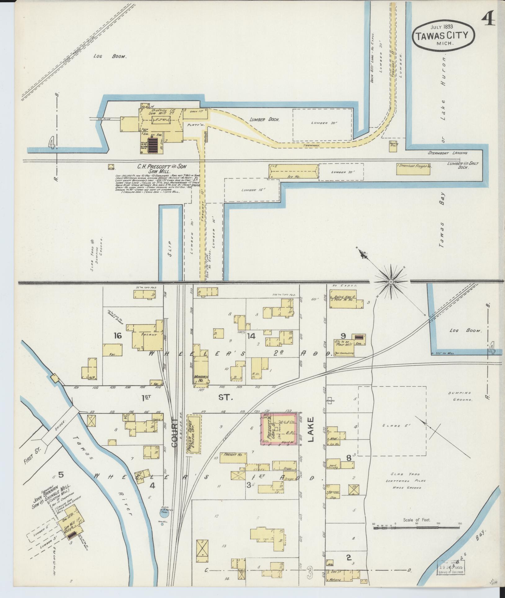 Sanborn Fire Insurance Map from East Tawas, Iosco County, Michigan (1893), Sheet #0004 - Historic Sanborn Fire Insurance Map Print, vintage old map wall art, antique decor, genealogy gift, Michigan Michigan map