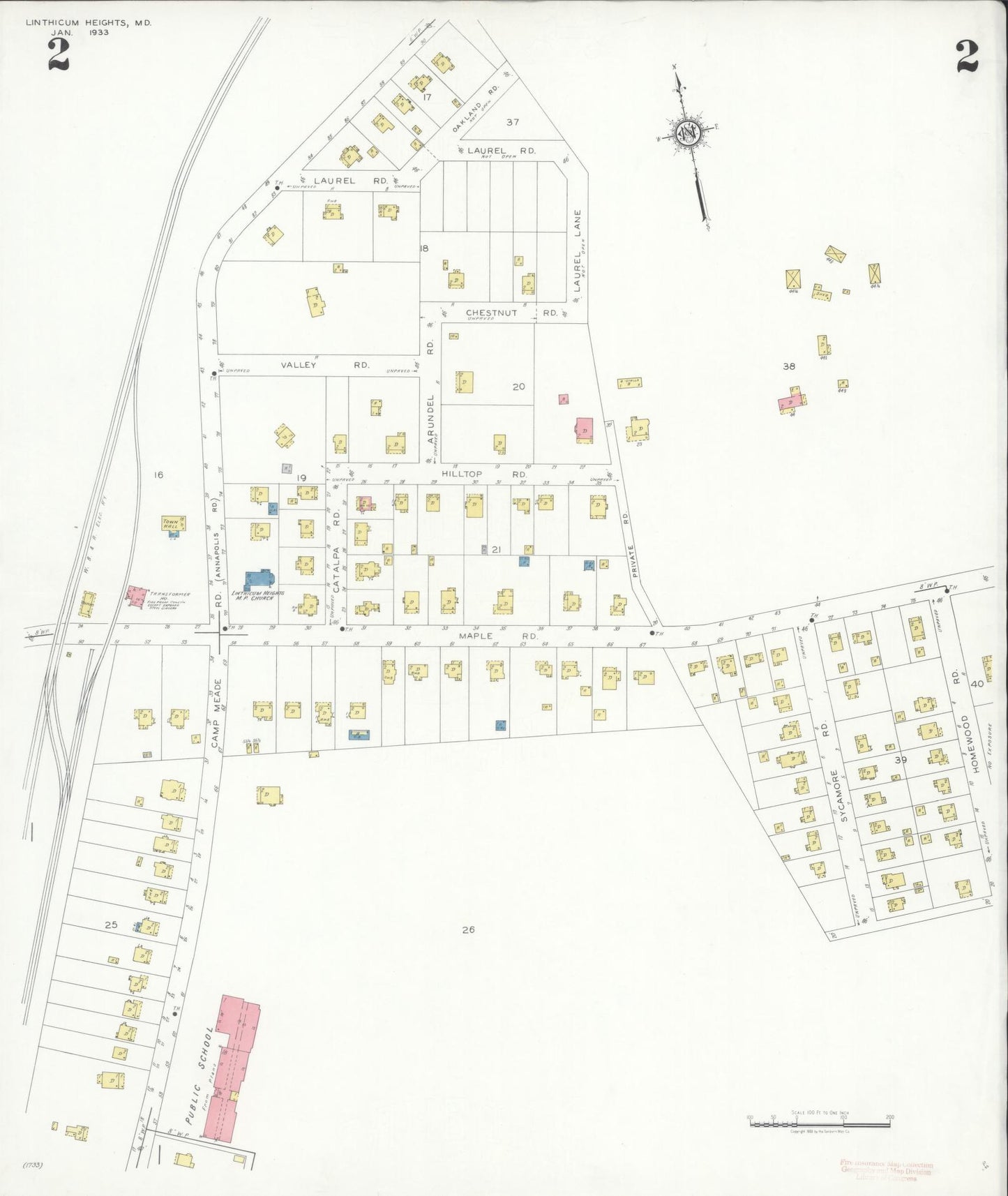 Sanborn Fire Insurance Map from Linthicum Heights, Anne Arundel County, Maryland (1933), Sheet #0002 - Historic Sanborn Fire Insurance Map Print, vintage old map wall art