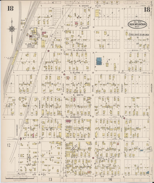 Sanborn Fire Insurance Map from Iron Mountain, Dickinson County, Michigan (1923), Sheet #0018 - Historic Sanborn Fire Insurance Map Print, vintage old map wall art, antique decor, genealogy gift, Michigan Michigan map
