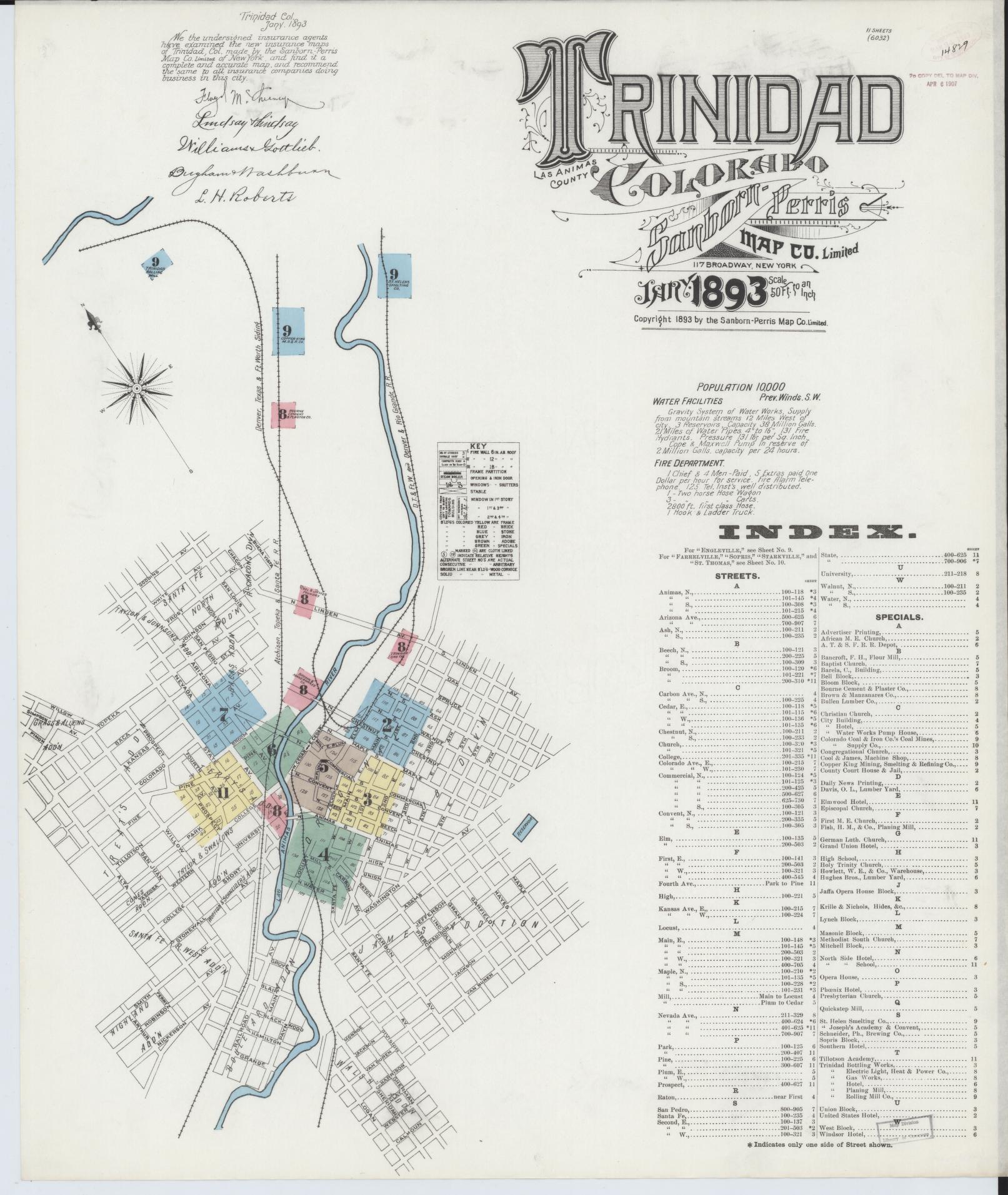 Sanborn Fire Insurance Map from Trinidad, Las Animas County, Colorado (1893), Sheet #0001 - Historic Sanborn Fire Insurance Map Print, vintage old map wall art, antique decor, genealogy gift, Colorado Colorado map