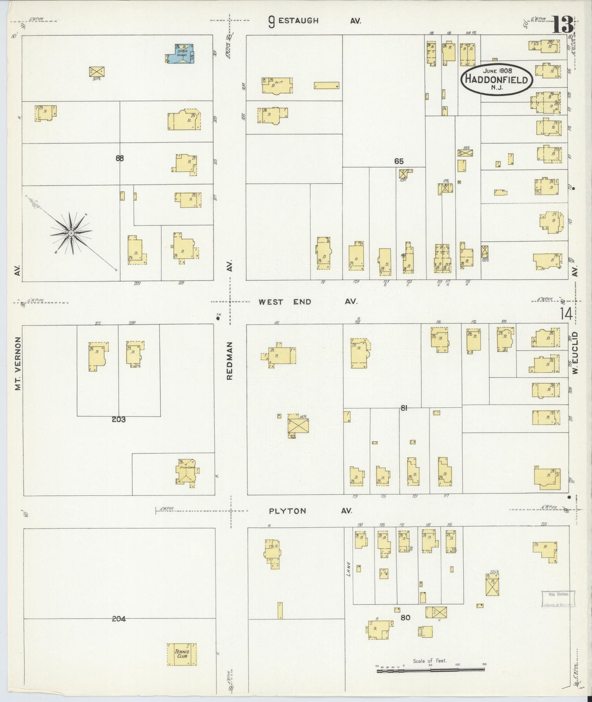 Sanborn Fire Insurance Map from Haddonfield, Camden County, New Jersey (1908), Sheet #0013 - Complete Map Set gallery image, historic Sanborn map, vintage wall art, New Jersey New Jersey