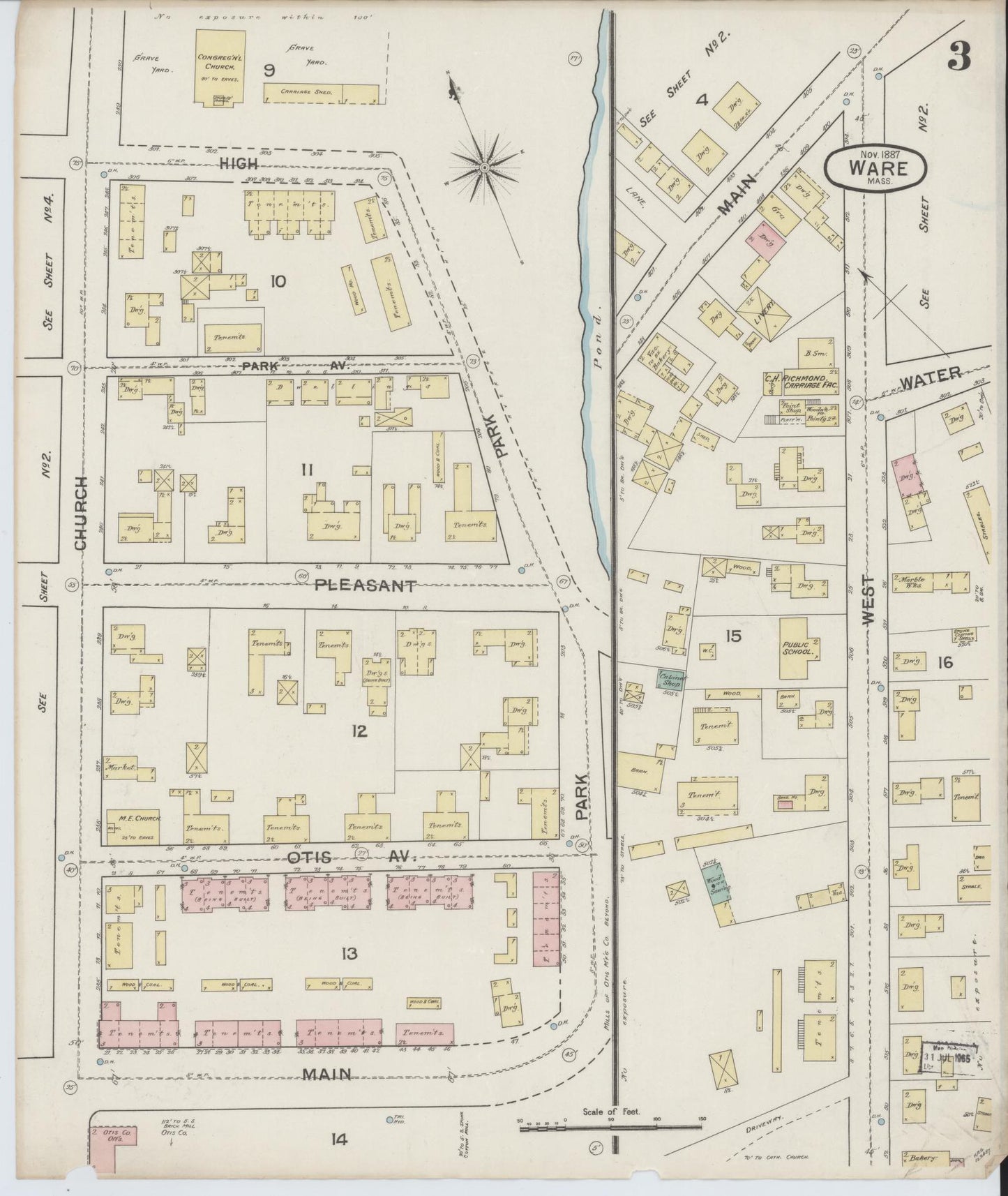 Sanborn Fire Insurance Map from Ware, Hampshire County, Massachusetts (1887), Sheet #0003 - Complete Map Set gallery image, historic Sanborn map, vintage wall art, Massachusetts Massachusetts