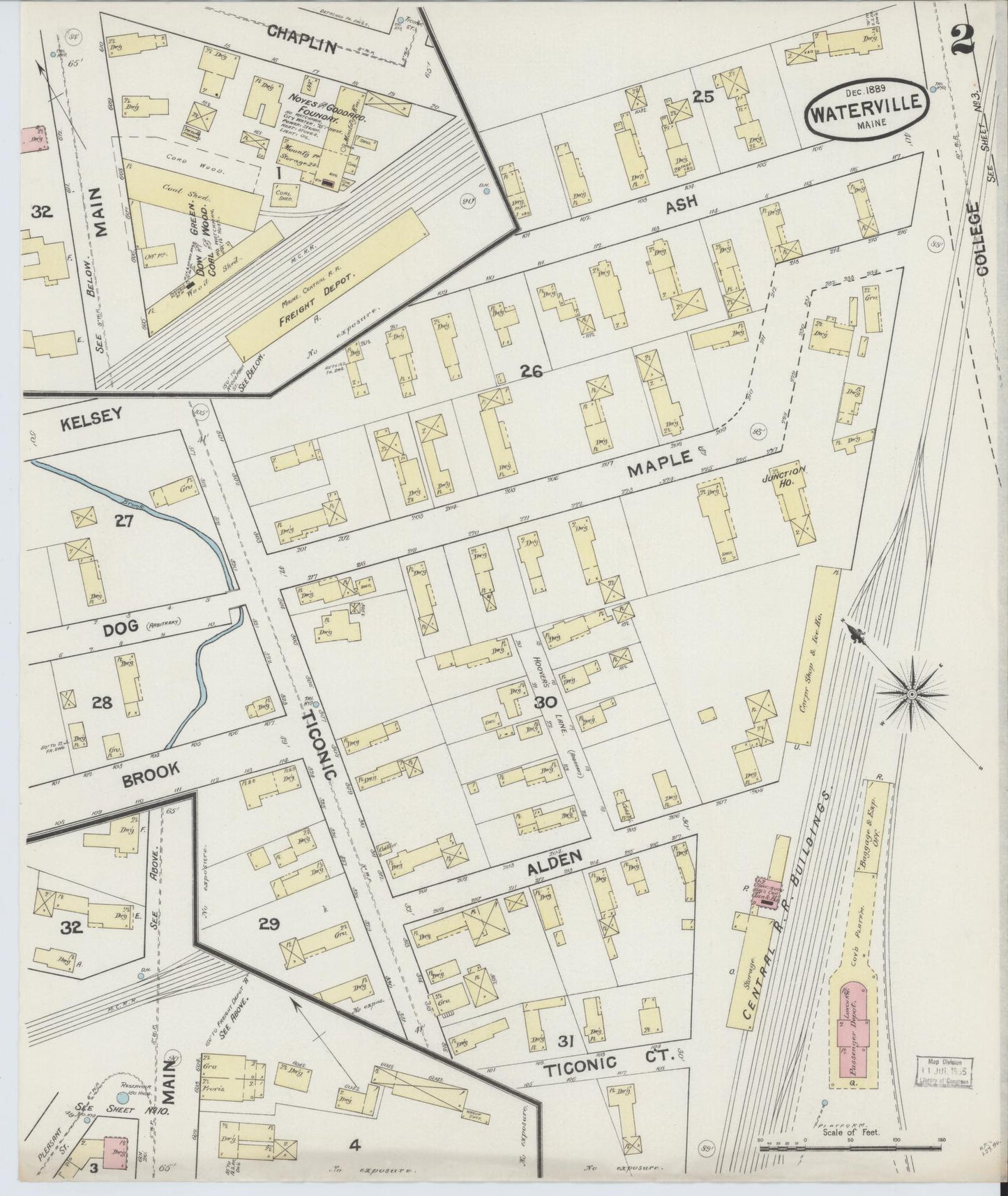 Sanborn Fire Insurance Map from Waterville, Kennebec County, Maine (1889), Sheet #0002 - Historic Sanborn Fire Insurance Map Print, vintage old map wall art, antique decor, genealogy gift, Maine Maine map