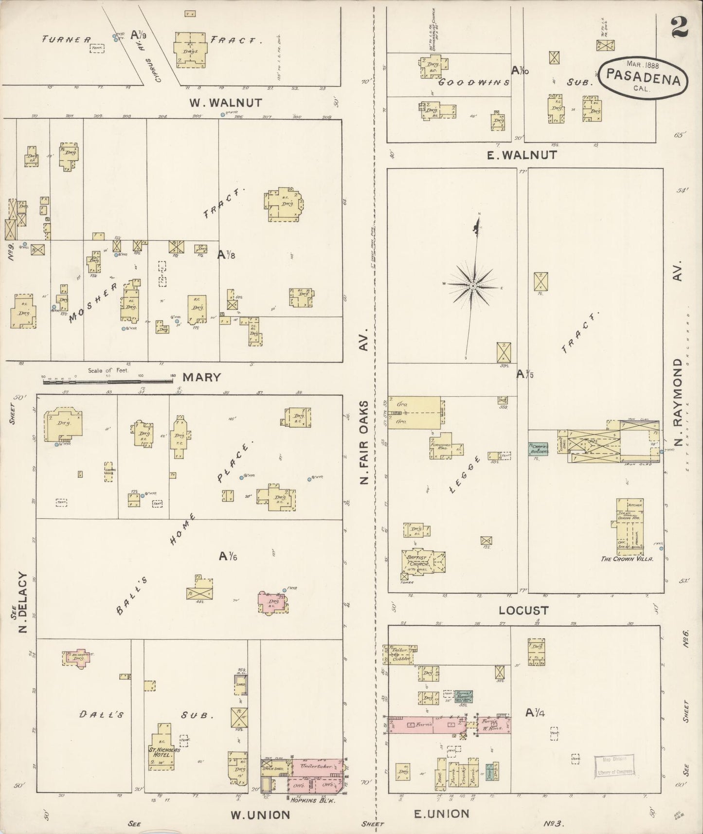 Sanborn Fire Insurance Map from Pasadena, Los Angeles County, California (1888), Sheet #0002 - Complete Map Set gallery image, historic Sanborn map, vintage wall art, California California