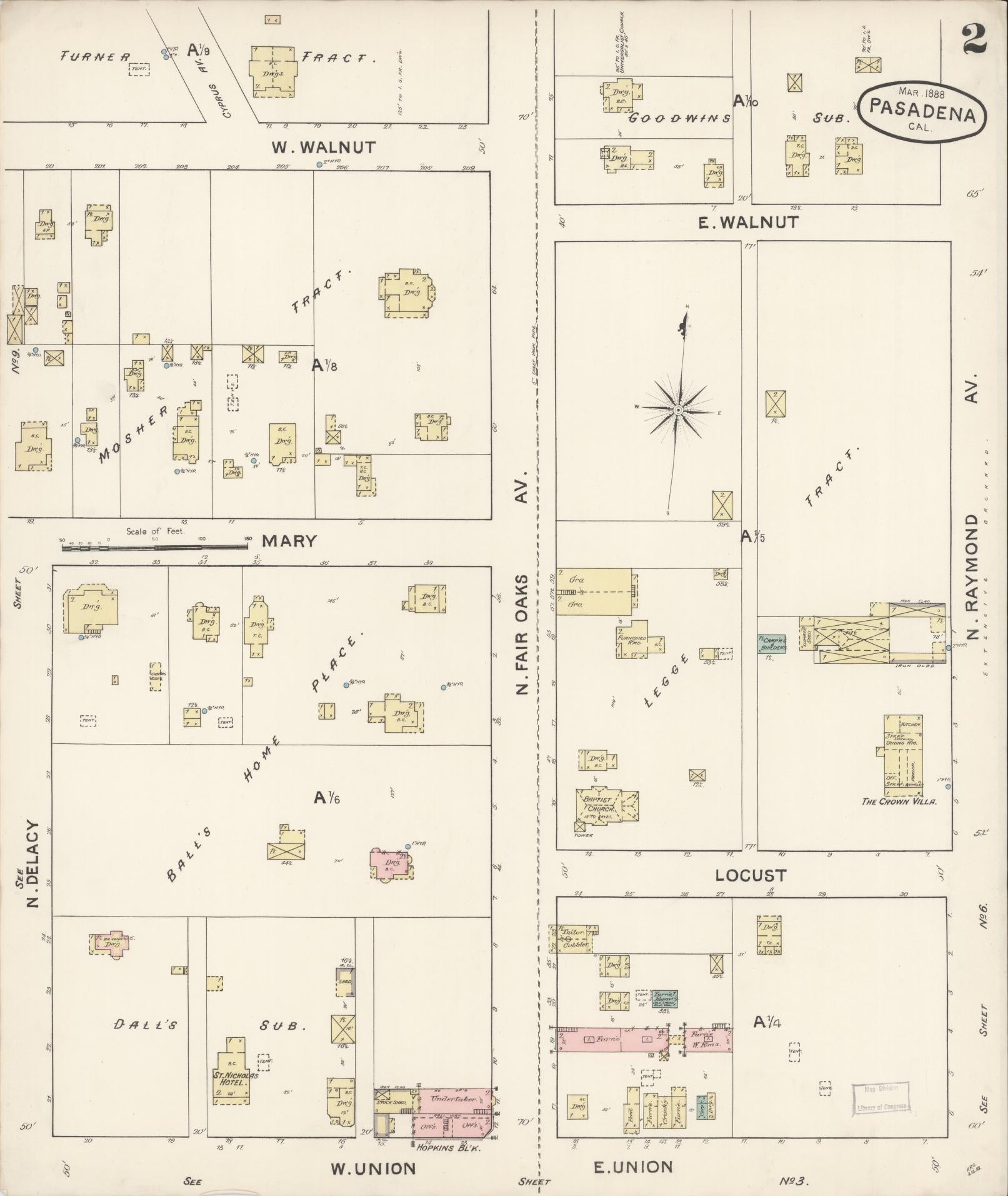 Sanborn Fire Insurance Map from Pasadena, Los Angeles County, California (1888), Sheet #0002 - Complete Map Set gallery image, historic Sanborn map, vintage wall art, California California