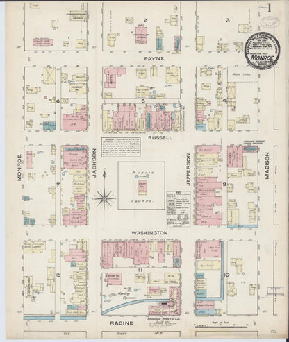 Sanborn Fire Insurance Map from Monroe, Green County, Wisconsin (1884), Sheet #0001 - Historic Sanborn Fire Insurance Map Print, vintage old map wall art, antique decor, genealogy gift, Wisconsin Wisconsin map