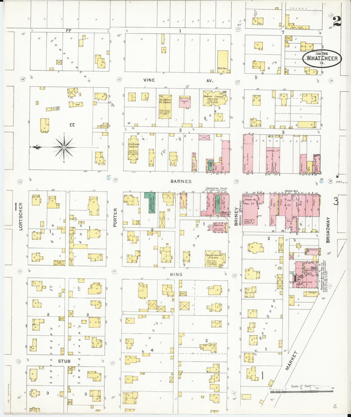 Sanborn Fire Insurance Map from What Cheer, Keokuk County, Iowa (1906), Sheet #0002 - Historic Sanborn Fire Insurance Map Print, vintage old map wall art