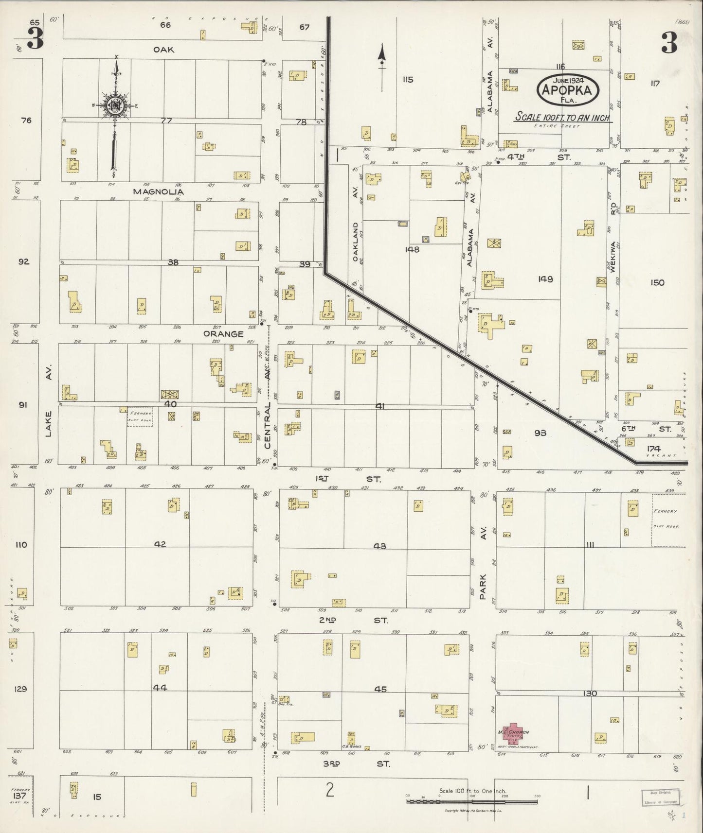 Sanborn Fire Insurance Map from Apopka, Orange County, Florida (1924), Sheet #0003 - Complete Map Set gallery image, historic Sanborn map, vintage wall art, Florida Florida