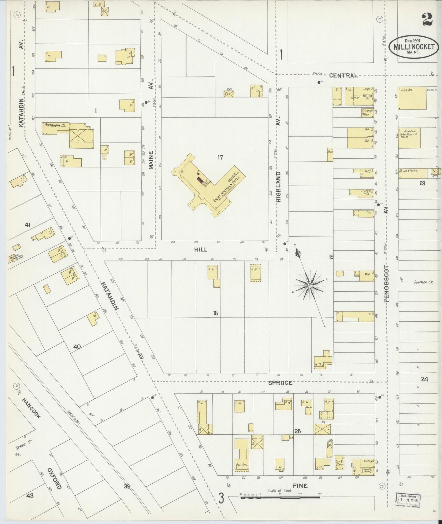 Sanborn Fire Insurance Map from Millinocket, Penobscot County, Maine (1901), Sheet #0002 - Historic Sanborn Fire Insurance Map Print, vintage old map wall art, antique decor, genealogy gift, Maine Maine map