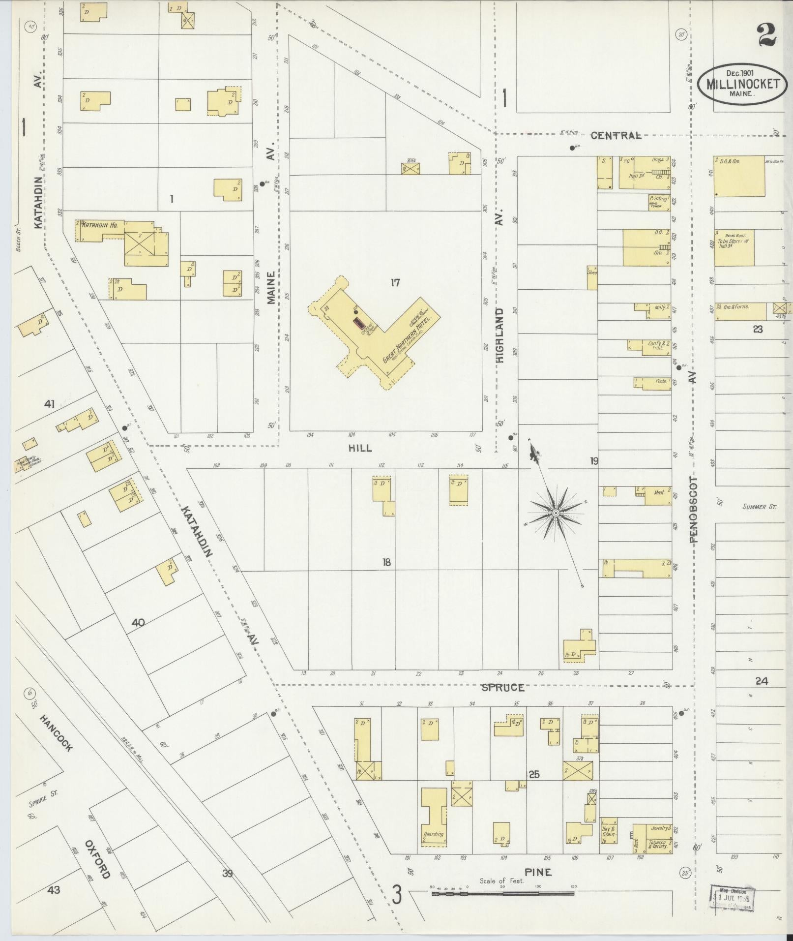 Sanborn Fire Insurance Map from Millinocket, Penobscot County, Maine (1901), Sheet #0002 - Historic Sanborn Fire Insurance Map Print, vintage old map wall art, antique decor, genealogy gift, Maine Maine map