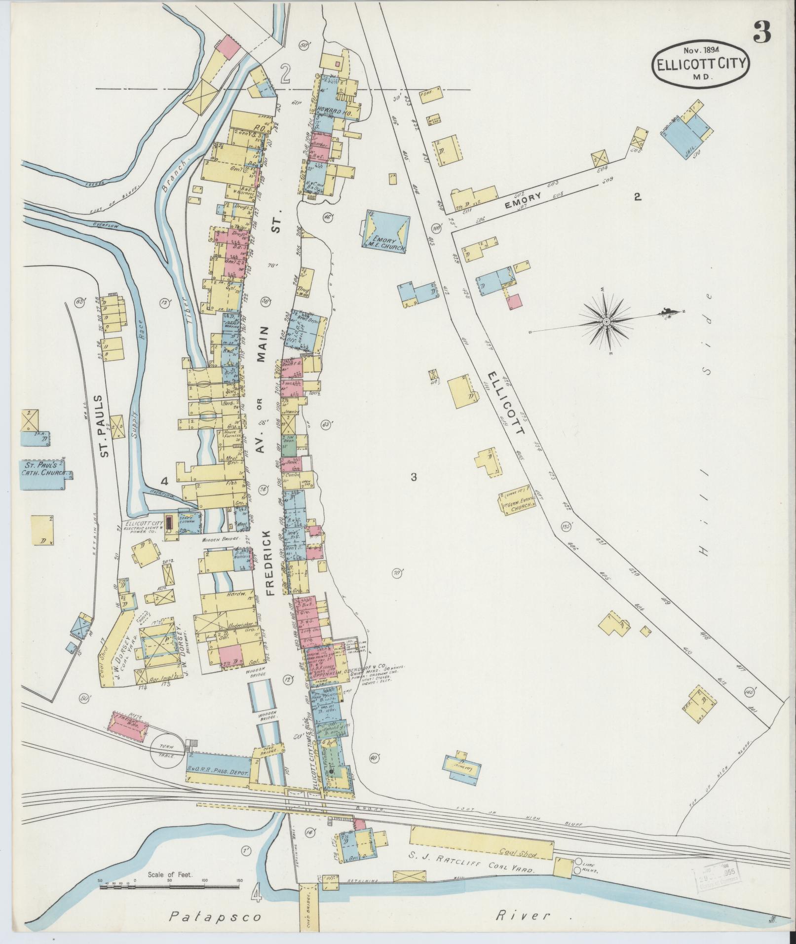 Sanborn Fire Insurance Map from Ellicott City, Howard County, Maryland (1894), Sheet #0003 - Historic Sanborn Fire Insurance Map Print, vintage old map wall art, antique decor, genealogy gift, Maryland Maryland map
