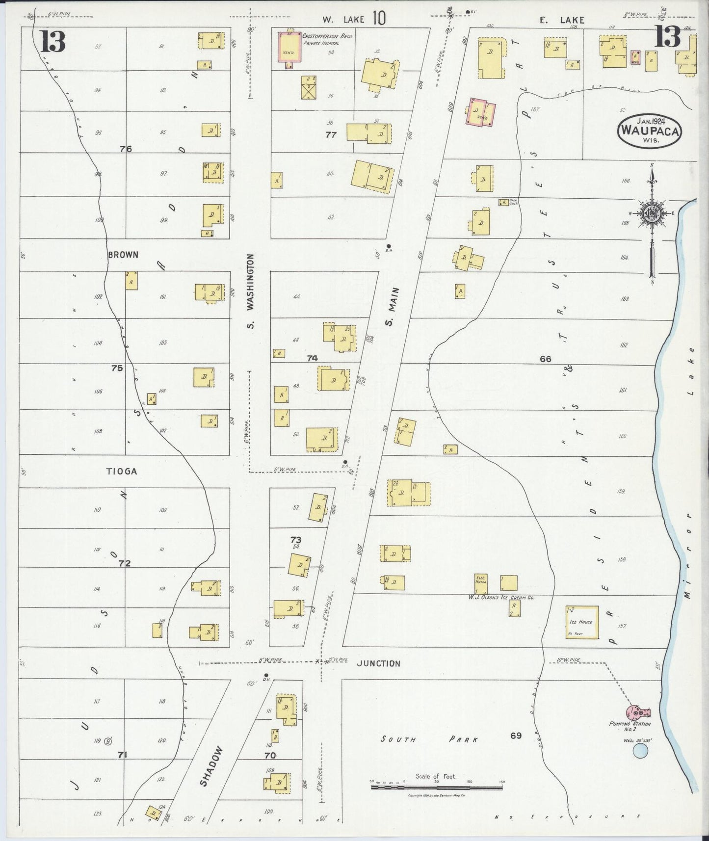 Sanborn Fire Insurance Map from Waupaca, Waupaca County, Wisconsin (1924), Sheet #0013 - Complete Map Set gallery image, historic Sanborn map, vintage wall art, Wisconsin Wisconsin